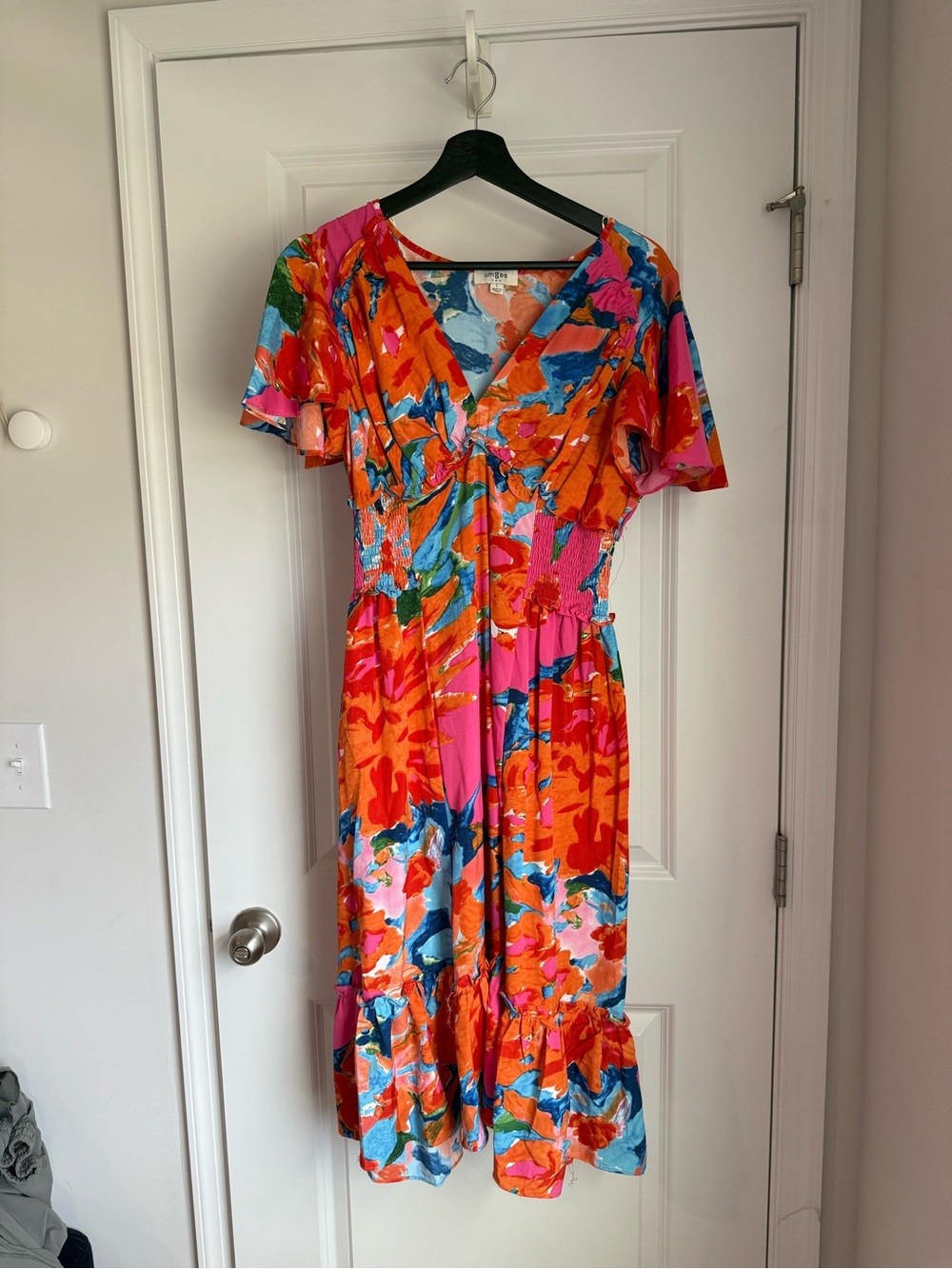 Umgee Bright Floral V-Neck Midi Dress in Orange, Pink & Blue